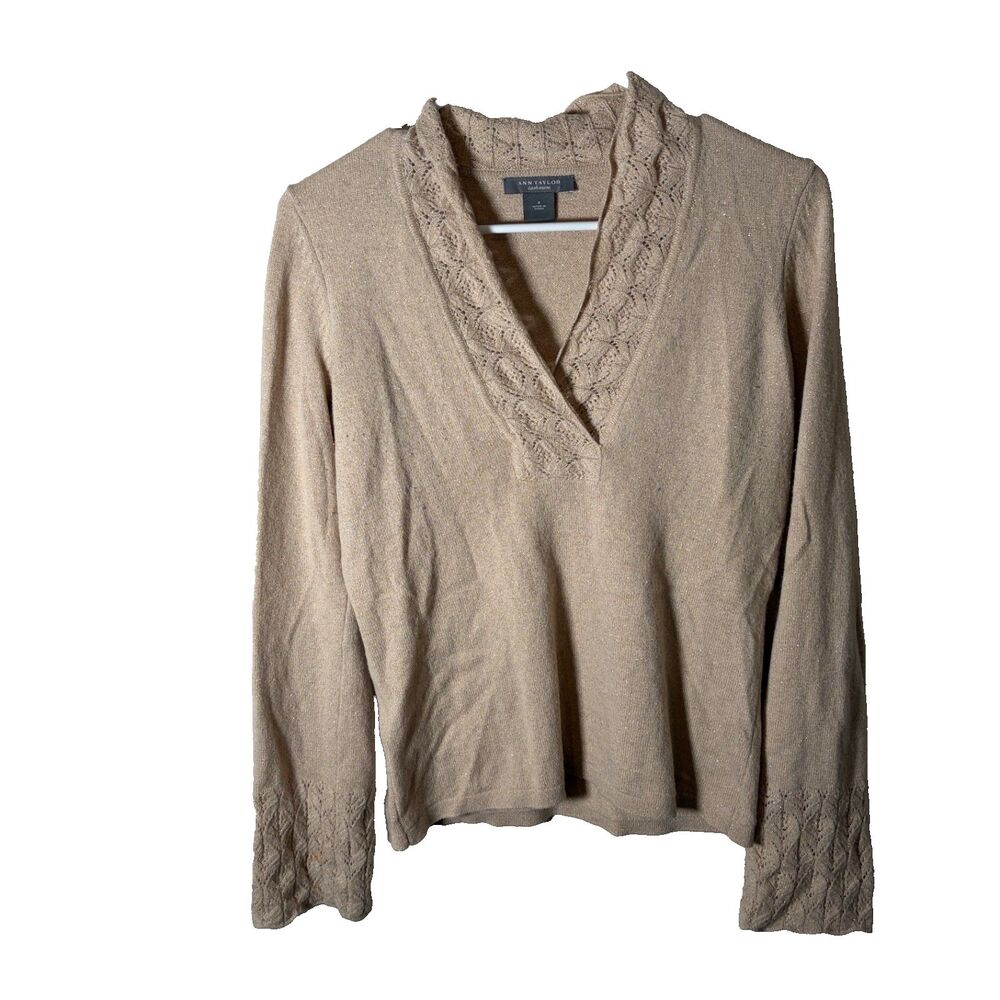 Ann Taylor Sweater Women's Small Cashmere Blend Beige Metallic Lace Knit